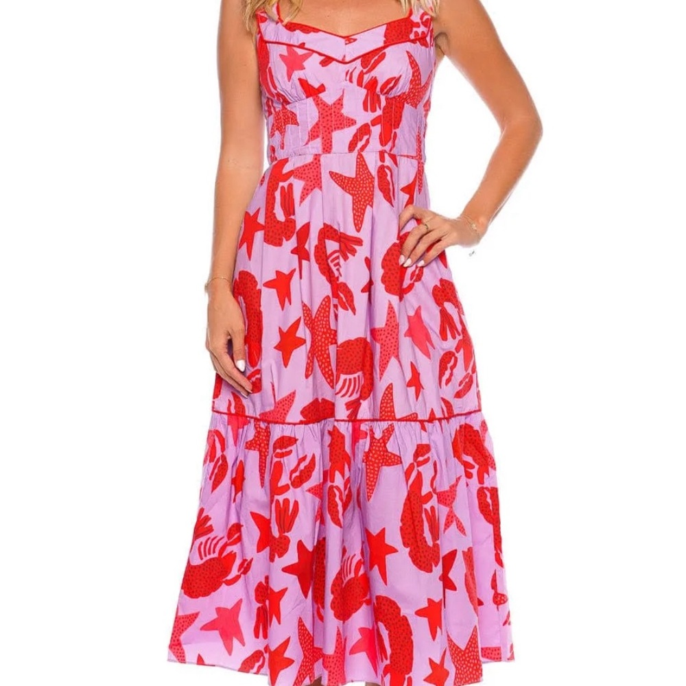 Farm Rio Lobster midi dress. A Line w/pleated accents.